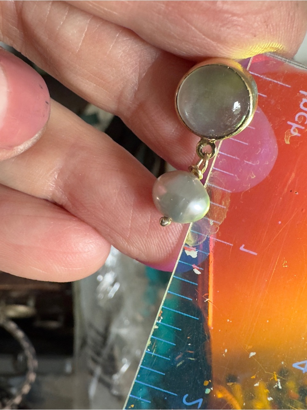 14k Grey moonstone & Pearl Earrings - Picture 4 of 8